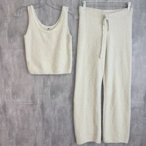 UNIQLO Soft Boucle Teddy Fleece Lounge Set Cream Cozy Pajama Tank XS Pants S